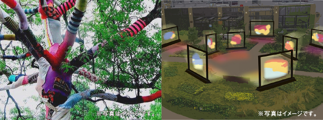 「ちばアート祭2021」屋外作品展　展示イメージ（左：大川友希：木にカラフルな布が巻き付けられている、右：杉本将己：薄暗い広場に多数のディスプレイが並べられている。