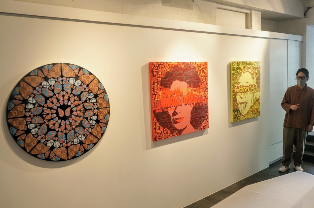 ダミアン・ハーストのパロディ作品（左）とアンディ・ウォーホルの作品を引用したポートレートシリーズ2点（右）